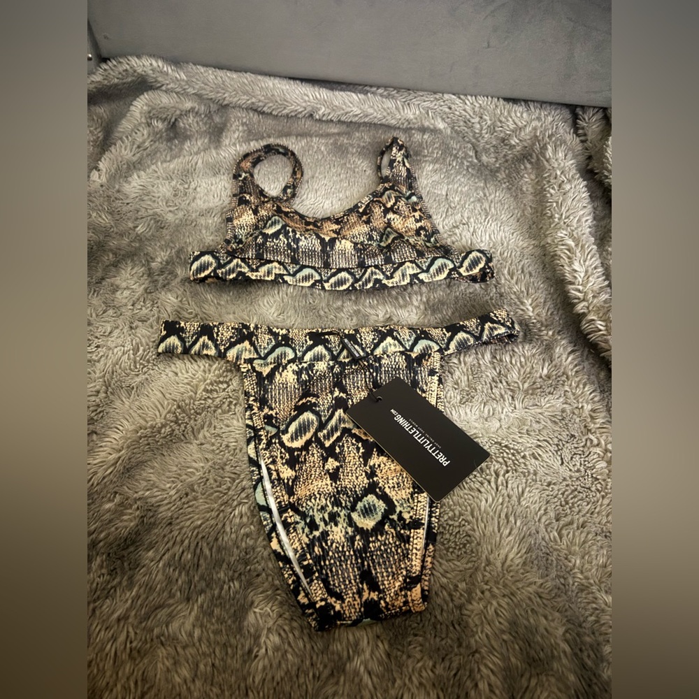 PrettyLittleThing Black, Brown & Cream Snake Print Ribbed Bikini Set